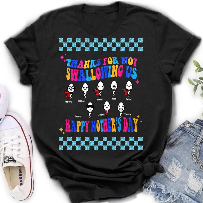 Custom Personalized Mom Shirt/ Hoodie - Upto 8 Children - Gift Idea For Mother's Day - Thanks For Not Swallowing Us Happy Mother's Day