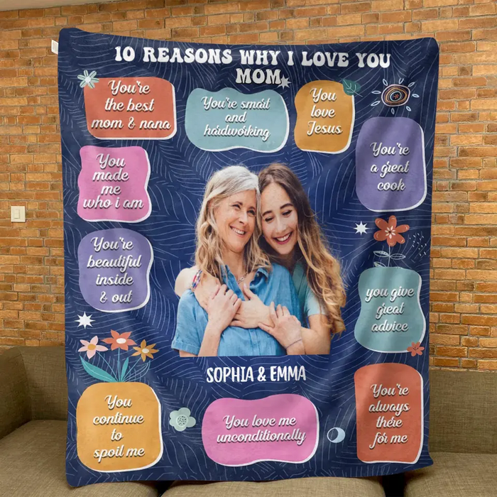 Custom Personalized Photo Quilt/Fleece Throw Blanket - Mother's Day Gift Idea for Mom/Grandma - 10 Reasons Why I Love You