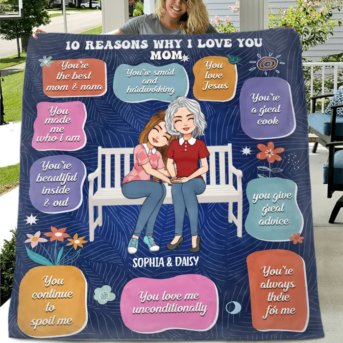 Custom Personalized Mother's Day  Quilt/Fleece Throw Blanket - Upto 5 People - Mother's Day Gift Idea for Mom/Grandma - 10 Reasons Why I Love You