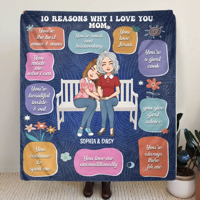 Custom Personalized Mother's Day  Quilt/Fleece Throw Blanket - Upto 5 People - Mother's Day Gift Idea for Mom/Grandma - 10 Reasons Why I Love You