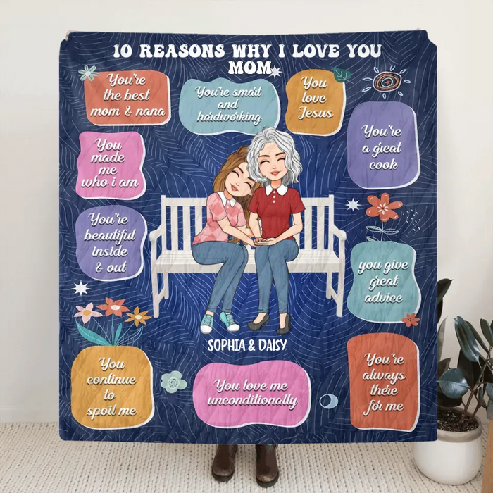 Custom Personalized Mother's Day  Quilt/Fleece Throw Blanket - Upto 5 People - Mother's Day Gift Idea for Mom/Grandma - 10 Reasons Why I Love You