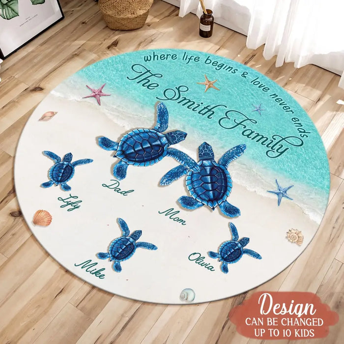 Custom Personalized Turtle Family Round Rug - Gift Idea For Family/ Couple - Up to 6 Kids - Where Life Begins & Love Never Ends