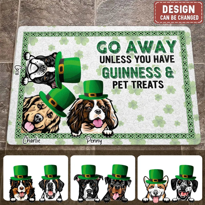 Custom Personalized St Patrick's Day Dog Doormat - Upto 7 Dogs - Gift Idea For St Patrick's Day/ Dog Lover - Go Away Unless You Have Guinness & Pet Treats