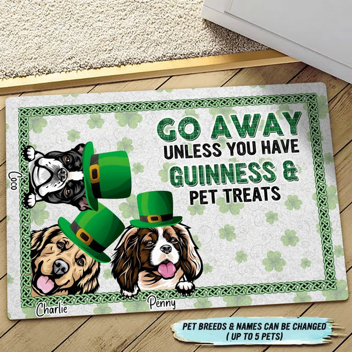 Custom Personalized St Patrick's Day Dog Doormat - Upto 7 Dogs - Gift Idea For St Patrick's Day/ Dog Lover - Go Away Unless You Have Guinness & Pet Treats