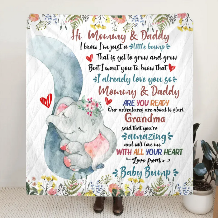 Custom Personalized Elephant Quilt/Fleece Throw Blanket - Gift Idea For New Mom/ Dad - Hi Mommy Daddy