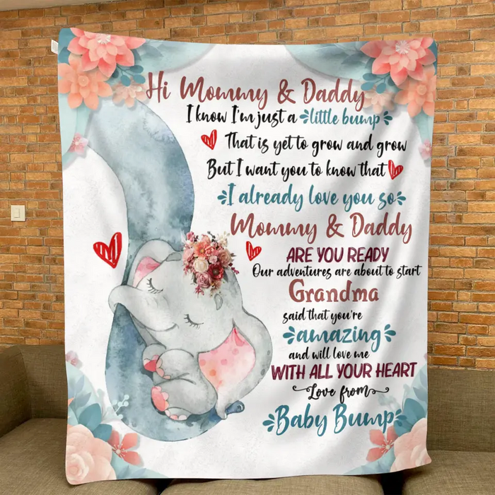 Custom Personalized Elephant Quilt/Fleece Throw Blanket - Gift Idea For New Dad/ Mom - Hi Mommy Daddy