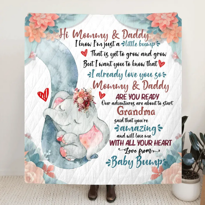 Custom Personalized Elephant Quilt/Fleece Throw Blanket - Gift Idea For New Dad/ Mom - Hi Mommy Daddy