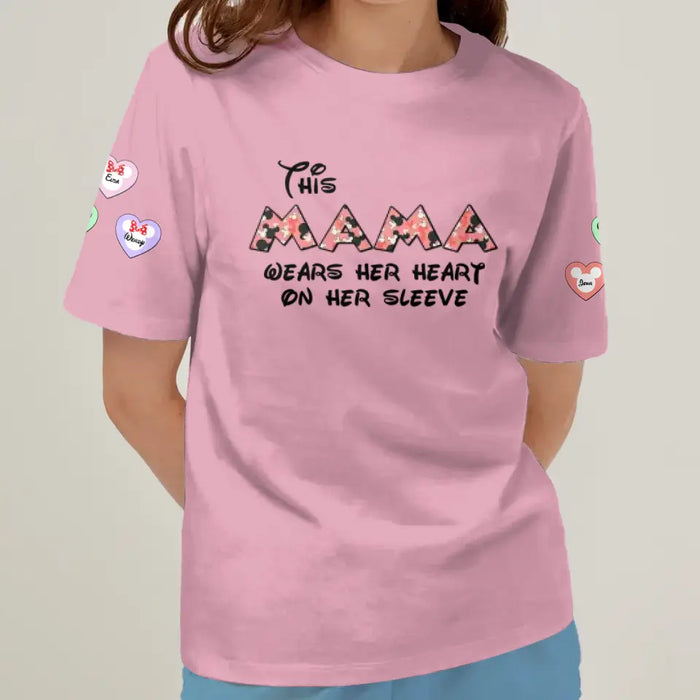 Custom Personalized Mother's Day AOP T-Shirt - Upto 10 Kids - Mother's Day Gift Idea for Mom/Grandma - This Mom/Nana Wears Her Heart On Her Sleeve