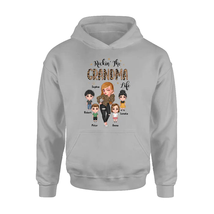 Custom Personalize Grandma Shirt/Hoodie - Upto 4 Kids - Gift Idea For Grandma/Mother's Day - Rockin' The Grandma Life