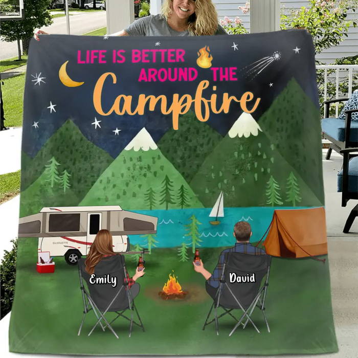 Custom Personalized Camping Quilt/Fleece Throw Blanket - Gift Idea For Family/Camping Lover - Couple/ Parents/ Single Parent With Up to 5 Kids And 4 Pets - Life Is Better Around The Campfire