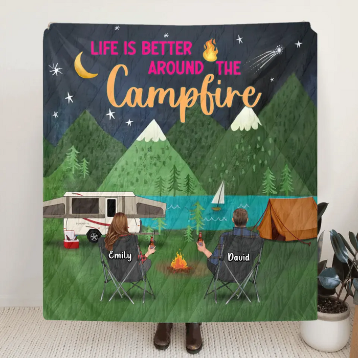 Custom Personalized Camping Quilt/Fleece Throw Blanket - Gift Idea For Family/Camping Lover - Couple/ Parents/ Single Parent With Up to 5 Kids And 4 Pets - Life Is Better Around The Campfire