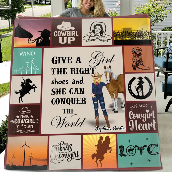 Custom Personalized Horse Girl Quilt/Single Layer Fleece Blanket - Gift Idea For Girl/Horse Lovers - Give A Girl The Right Shoes