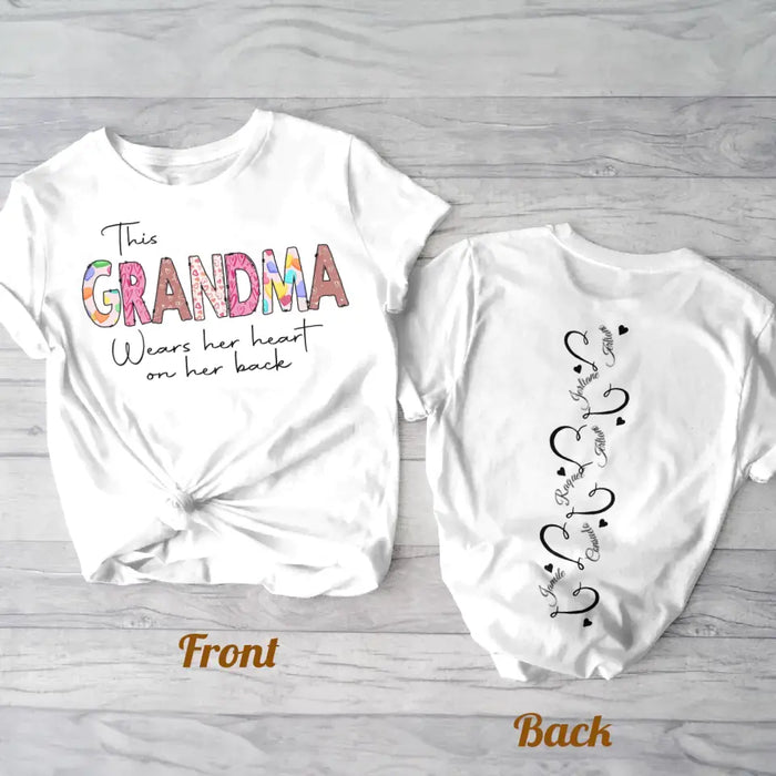 Custom Personalized Grandma AOP T-Shirt - Upto 6 Kids - Mother's Day Gift Idea For Grandma - This Grandma Wears Her Heart On Her Back