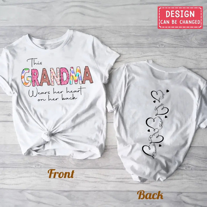 Custom Personalized Grandma AOP T-Shirt - Upto 6 Kids - Mother's Day Gift Idea For Grandma - This Grandma Wears Her Heart On Her Back