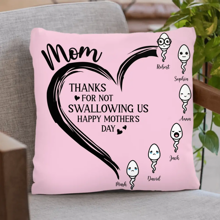 Custom Personalized Mom Pillow Cover - Up to 6 Kids - Mother's Day Gift Idea - Thanks For Not Swallowing Us