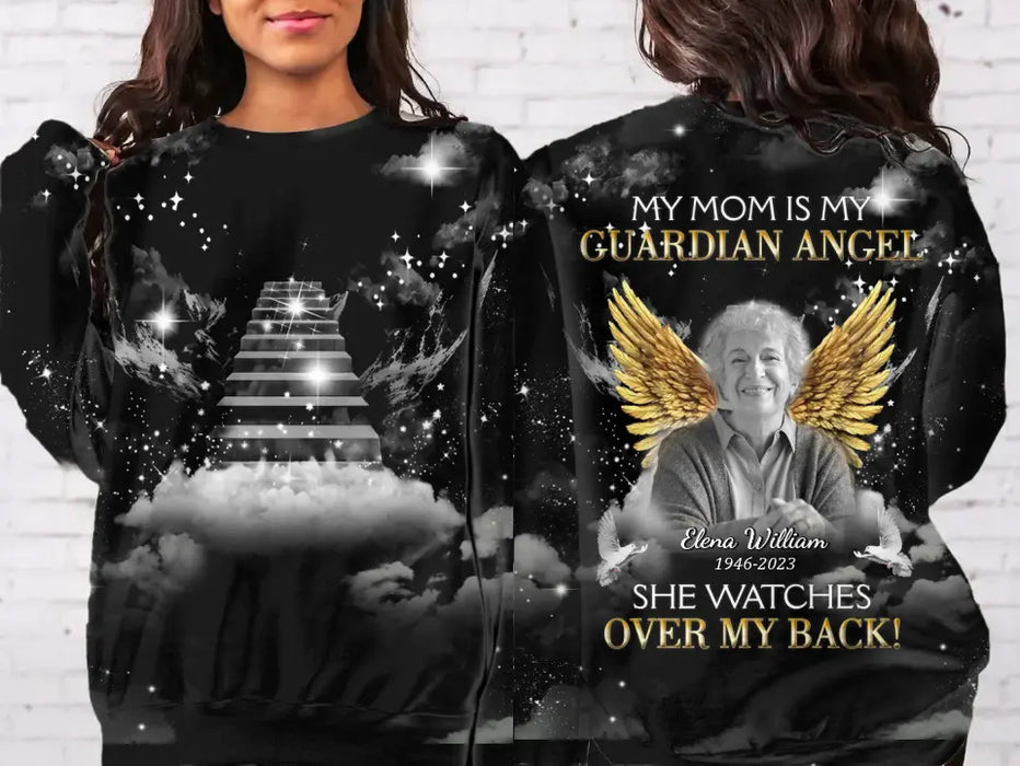 Custom Personalized Memorial Mom AOP Sweater - Upload Photo - Memorial Gift Idea For Family Member/ Mother's Day - My Mom Is My Guardian Angel She Watches Over My Back