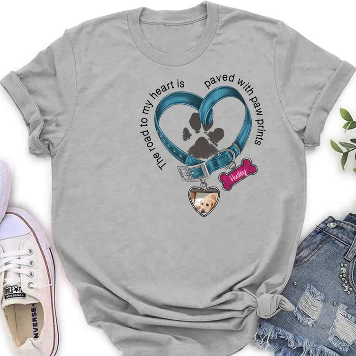 Custom Personalized Dog Remembrance T-shirt/ Hoodie - Gift Idea For Dog Lover/ Mother's Day/Father's Day - The Road To My Heart Is Paved With Paw Prints