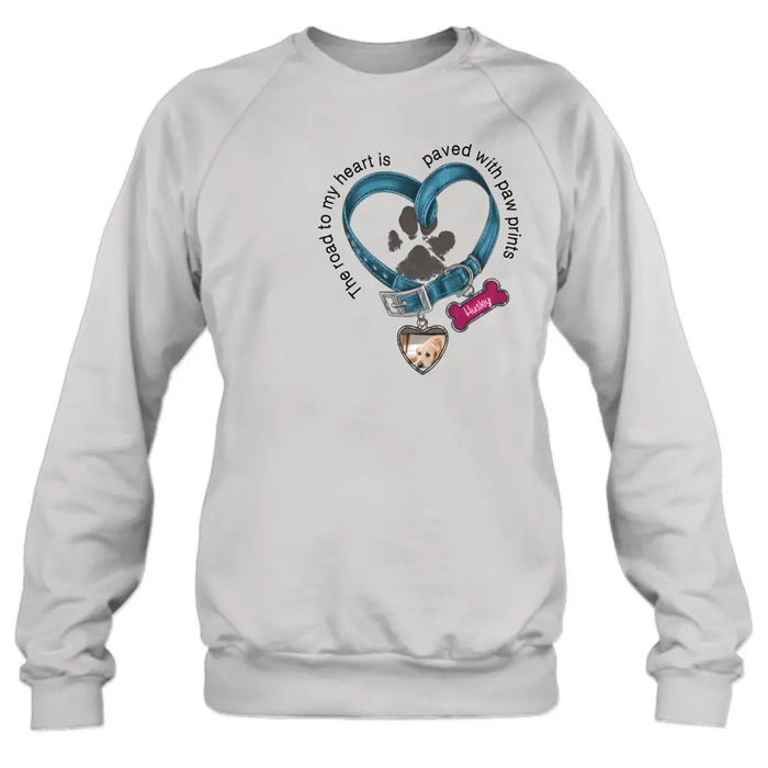 Custom Personalized Dog Remembrance T-shirt/ Hoodie - Gift Idea For Dog Lover/ Mother's Day/Father's Day - The Road To My Heart Is Paved With Paw Prints