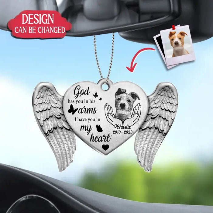 Custom Personalized Memorial Dog Heart Wings Acrylic Car Ornament - Memorial Gift For Pet Lover - Upload Photo - God Has You In His Arms I Have You In My Heart