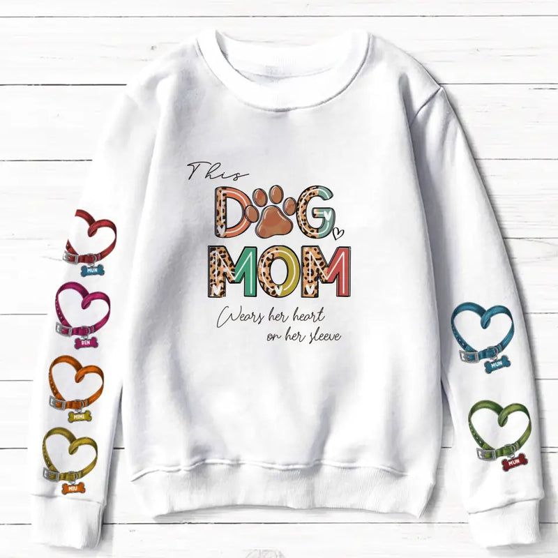Personalized Dog Mom AOP Sweater - Up to 6 Pets - Mother's Day Gift Idea For Dog Lover - This Dog Mom Wears Her Heart On Her Sleeve