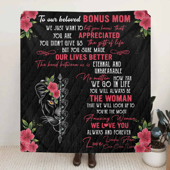 Custom Personalized Mom & Children Quilt/ Fleece Throw Blanket - Mother's Day Gift Idea To Mom - Upto 5 Children - To Our Beloved Bonus Mom