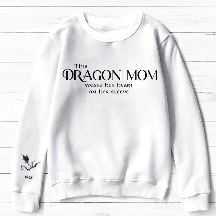 Custom Personalized Dragon Mom AOP Sweater - Upto 5 Kids - Mother's Day Gift Idea For Mom/ Grandma - This Dragon Mom Wears Her Heart On Her Sleeve