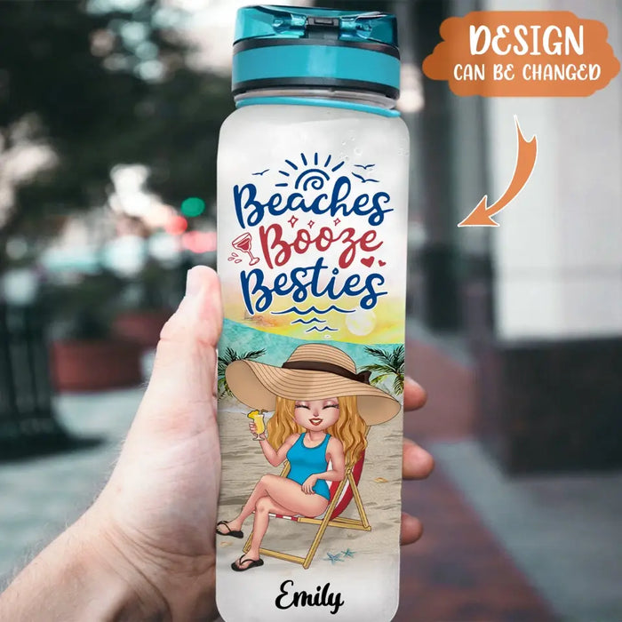 Custom Personalized Beach Camping Water Tracker Bottle - Gift Idea For Best Friends/ Beach Lovers with up to 5 Women - Beach Booze Besties