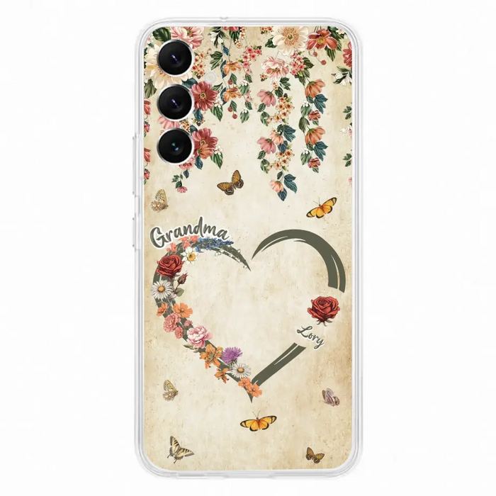 Custom Personalized Floral Heart Grandma Mom Vintage Birth Month Flower Phone Case - Up to 10 Kids - Mother's Day Gift Idea for Mom/Grandma - Case For iPhone/ Samsung