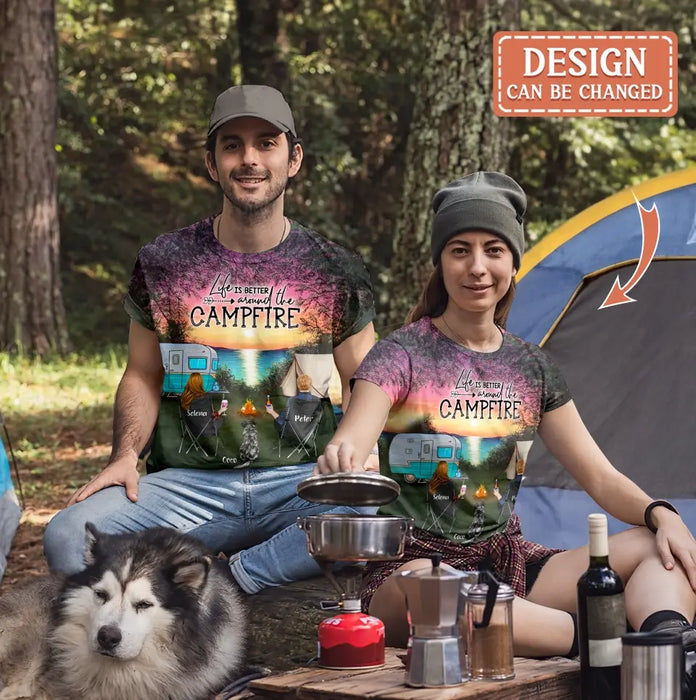 Custom Personalized Camping AOP T-Shirt - Couple/ Parents With Pets And Kids - Gift For Camping Lover/ Couple/ Family - Making Memories One Campsite At A Time