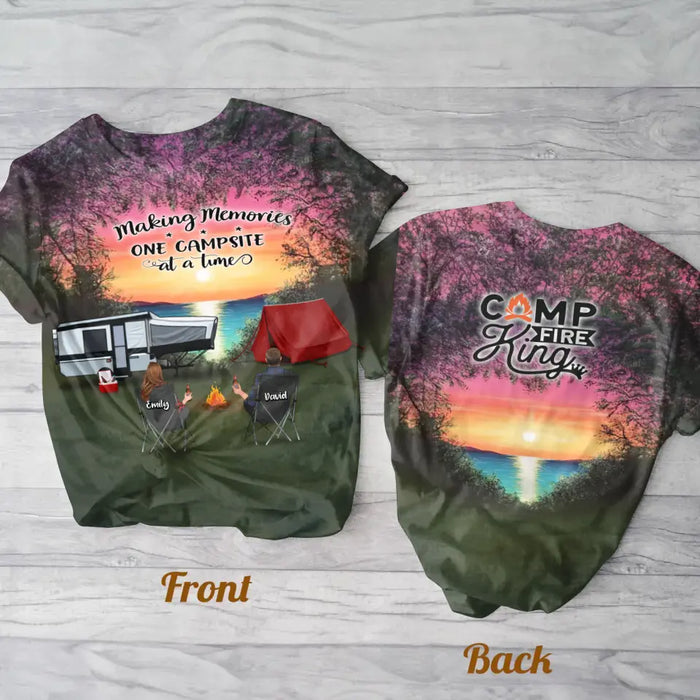 Custom Personalized Camping AOP T-Shirt - Couple/ Parents With Pets And Kids - Gift For Camping Lover/ Couple/ Family - Making Memories One Campsite At A Time