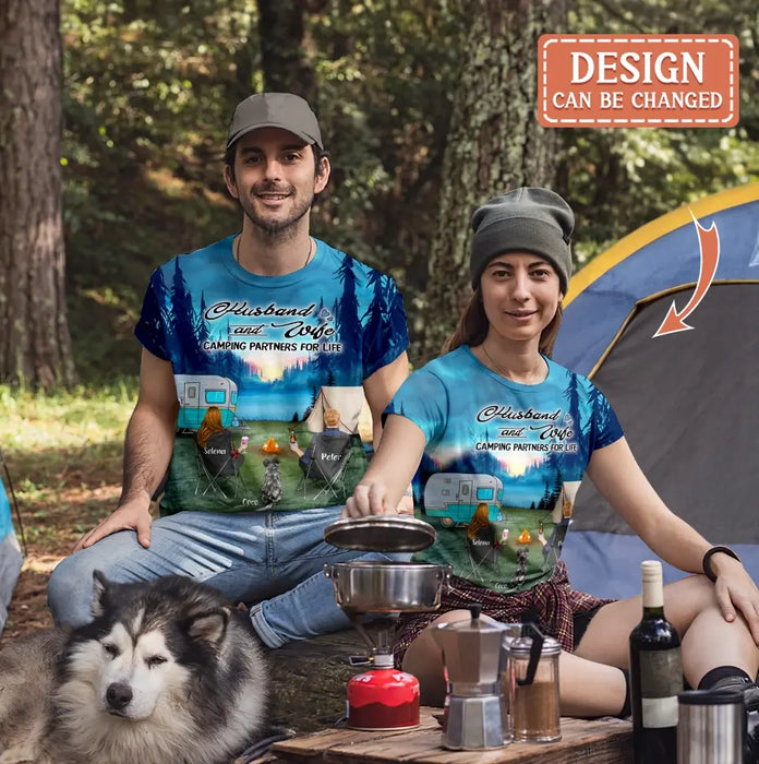 Custom Personalized Camping AOP T-Shirt - Couple/ Parents With Pets And Kids - Gift For Camping Lover/ Couple/ Family - Making Memories One Campsite At A Time