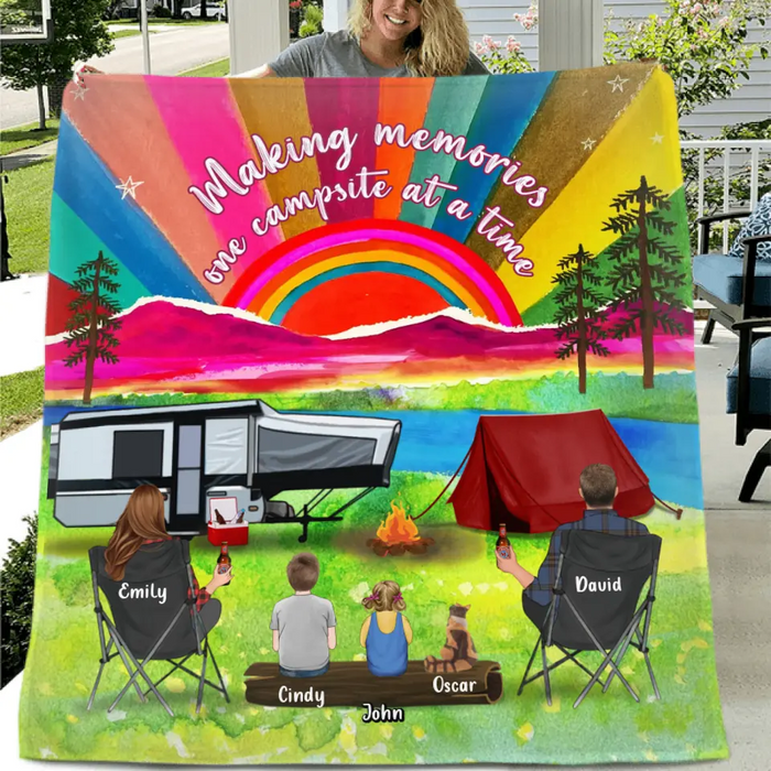 Personalized Watercolor Camping Quilt/Fleece Throw Blanket - Gift Idea For Family/Camping Lover - Couple/ Parents/ Single Parent With Up to 3 Kids And 4 Pets - Making Memories One Campsite At A Time