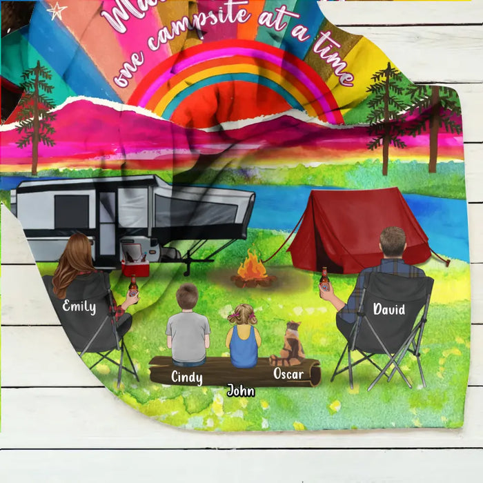 Personalized Watercolor Camping Quilt/Fleece Throw Blanket - Gift Idea For Family/Camping Lover - Couple/ Parents/ Single Parent With Up to 3 Kids And 4 Pets - Making Memories One Campsite At A Time