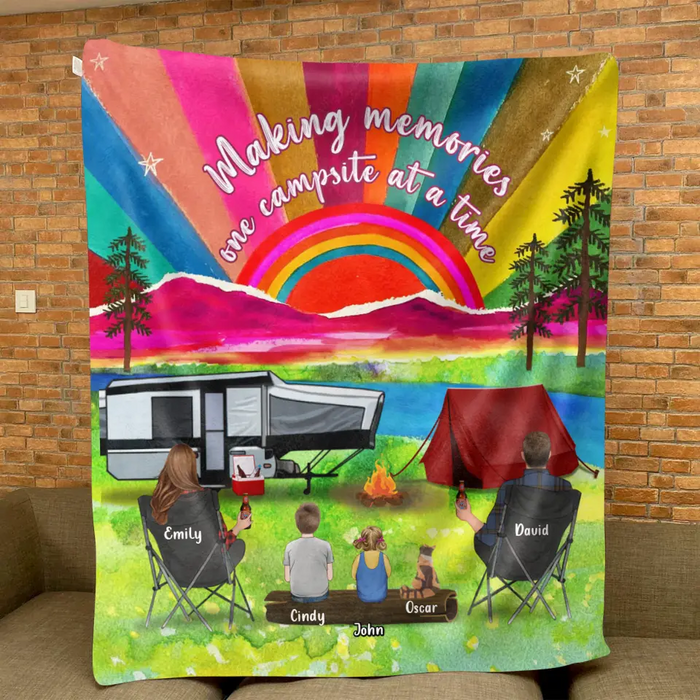 Personalized Watercolor Camping Quilt/Fleece Throw Blanket - Gift Idea For Family/Camping Lover - Couple/ Parents/ Single Parent With Up to 3 Kids And 4 Pets - Making Memories One Campsite At A Time