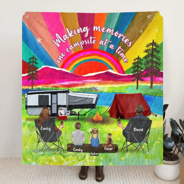 Personalized Watercolor Camping Quilt/Fleece Throw Blanket - Gift Idea For Family/Camping Lover - Couple/ Parents/ Single Parent With Up to 3 Kids And 4 Pets - Making Memories One Campsite At A Time