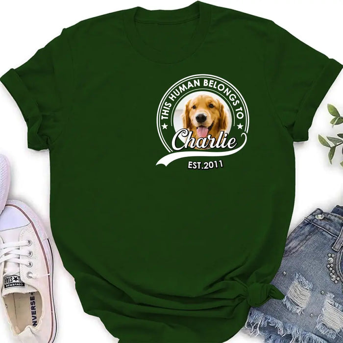 Custom Personalized Pet Mom/ Pet Dad Shirt/ Hoodie - Upload Photo - Gift Idea For Pet Lover/ Mother's Day/ Father's Day - This Human Belongs To