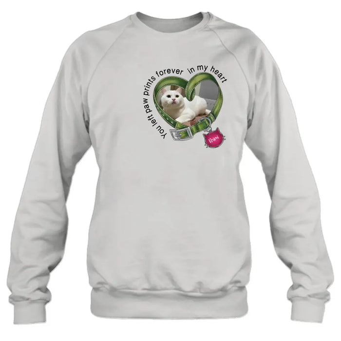 Custom Personalized Memorial Cat Collar T-shirt/ Hoodie - Upload Photo - Gift Idea For Cat Lover/ Mother's Day/Father's Day - You Left Paw Prints Forever In My Heart