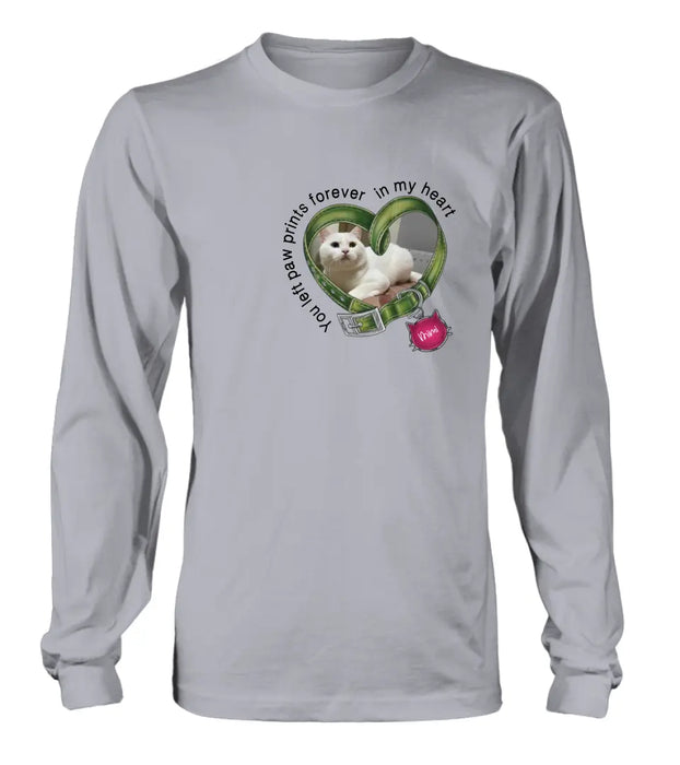 Custom Personalized Memorial Cat Collar T-shirt/ Hoodie - Upload Photo - Gift Idea For Cat Lover/ Mother's Day/Father's Day - You Left Paw Prints Forever In My Heart