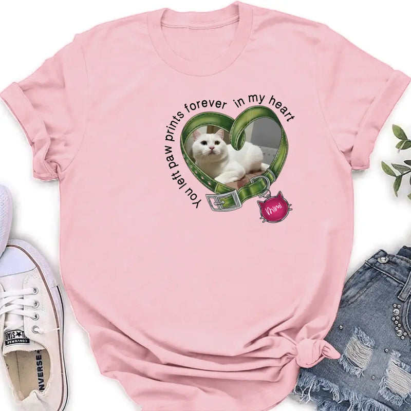 Personalized Memorial Cat Collar T-shirt/Hoodie - Upload Photo - Gift Idea For Cat Lover/Mother's Day/Father's Day - You Left Paw Prints Forever In My Heart