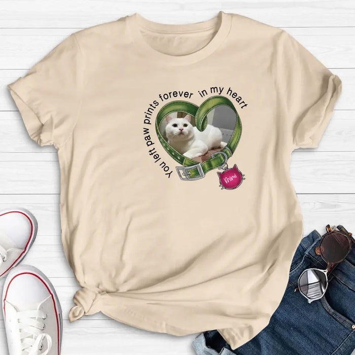 Custom Personalized Memorial Cat Collar T-shirt/ Hoodie - Upload Photo - Gift Idea For Cat Lover/ Mother's Day/Father's Day - You Left Paw Prints Forever In My Heart