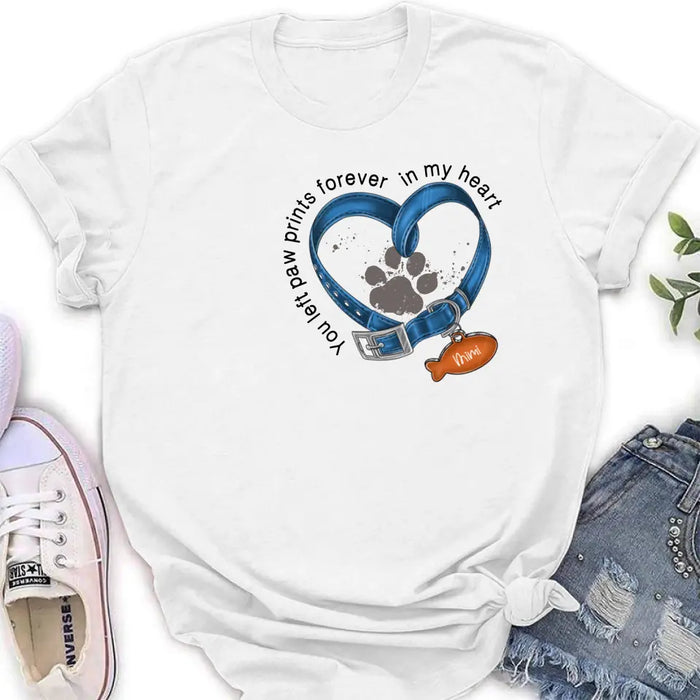 Custom Personalized Memorial Paw Prints Cat Collar T-shirt/ Hoodie - Gift Idea For Cat Lover/ Mother's Day/Father's Day - You Left Paw Prints Forever In My Heart