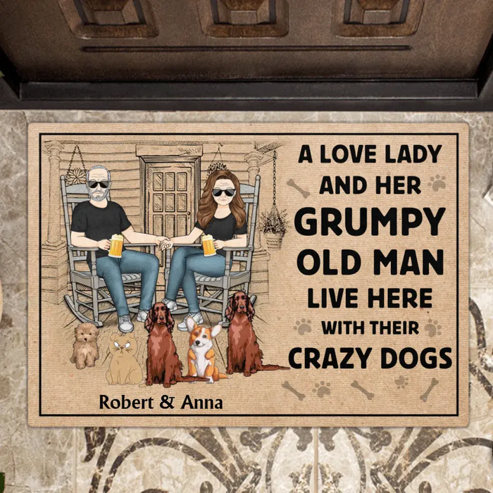 Custom Personalized Couple With Pets Doormat - Gift Idea For Mother's Day/Father's Day - Upto 5 Pets - A Lovely Lady And Her Grumpy Old Man Live Here With Their Crazy Dogs