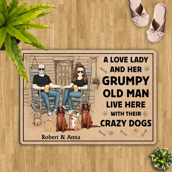 Custom Personalized Couple With Pets Doormat - Gift Idea For Mother's Day/Father's Day - Upto 5 Pets - A Lovely Lady And Her Grumpy Old Man Live Here With Their Crazy Dogs