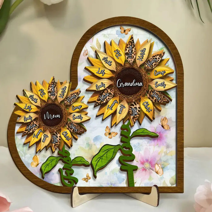 Custom Personalized First Mom Now Grandma Sunflower 2 Layered Wooden Art - Upto 15 Kids And 15 Grandkids - Mother's Day Gift Idea For Grandma/ Mom