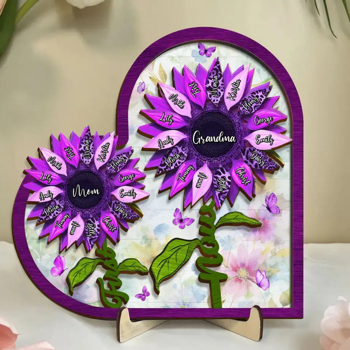 Custom Personalized First Mom Now Grandma Leopard Sunflower 2 Layered Wooden Art - Upto 15 Kids And 15 Grandkids - Mother's Day Gift Idea For Grandma/ Mom