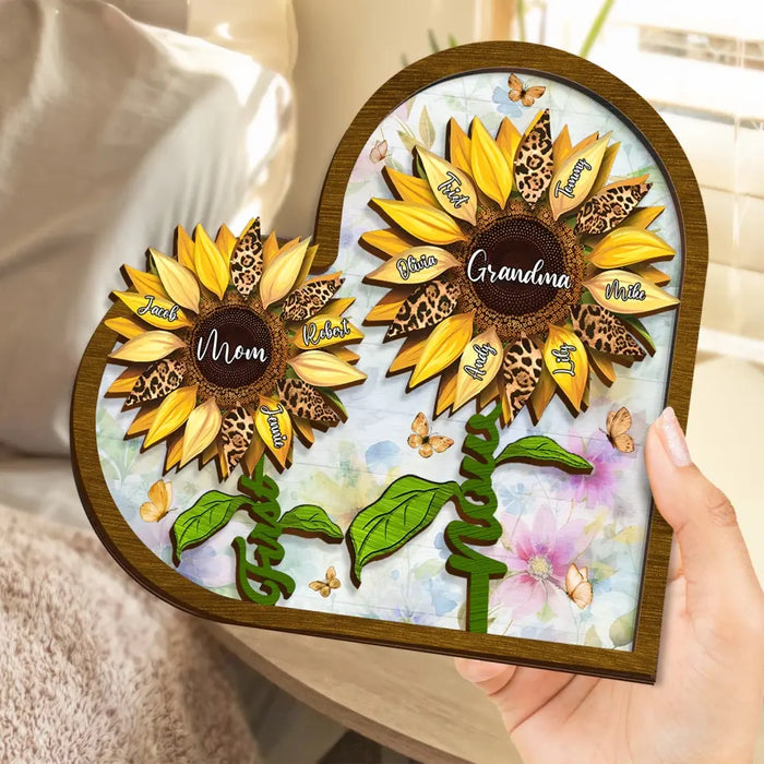 Custom Personalized First Mom Now Grandma Sunflower 2 Layered Wooden Art - Upto 15 Kids And 15 Grandkids - Mother's Day Gift Idea For Grandma/ Mom