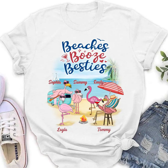 Custom Personalized Beach Besties Shirt/ Hoodie - Gift Idea For Besties/Friends/Beach Lovers - Upto 5 Flamingos  - Beaches Booze Besties