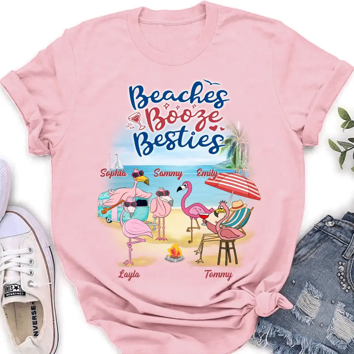 Custom Personalized Beach Besties Shirt/ Hoodie - Gift Idea For Besties/Friends/Beach Lovers - Upto 5 Flamingos  - Beaches Booze Besties