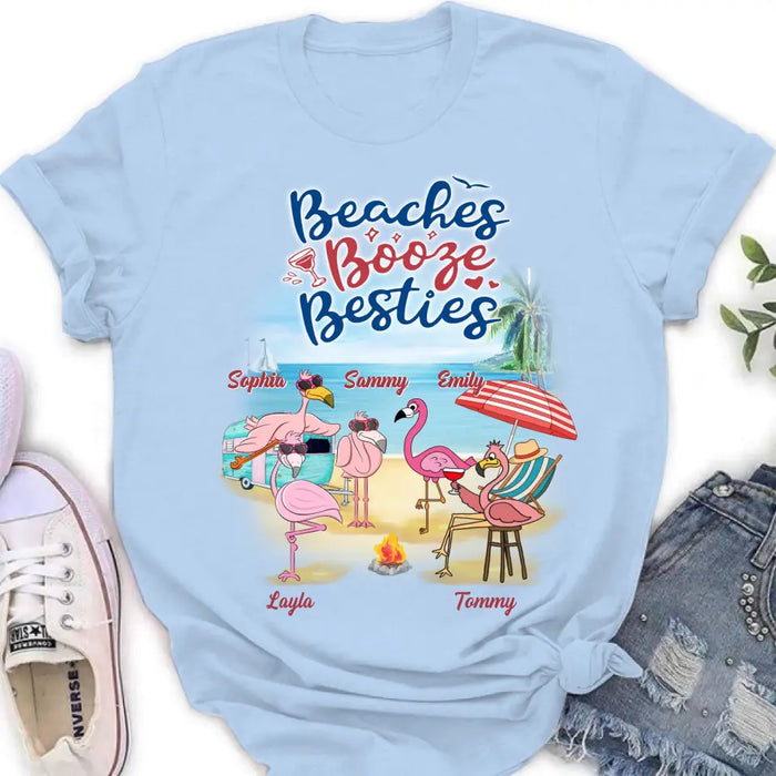 Custom Personalized Beach Besties Shirt/ Hoodie - Gift Idea For Besties/Friends/Beach Lovers - Upto 5 Flamingos  - Beaches Booze Besties