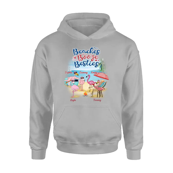 Custom Personalized Beach Besties Shirt/ Hoodie - Gift Idea For Besties/Friends/Beach Lovers - Upto 5 Flamingos  - Beaches Booze Besties